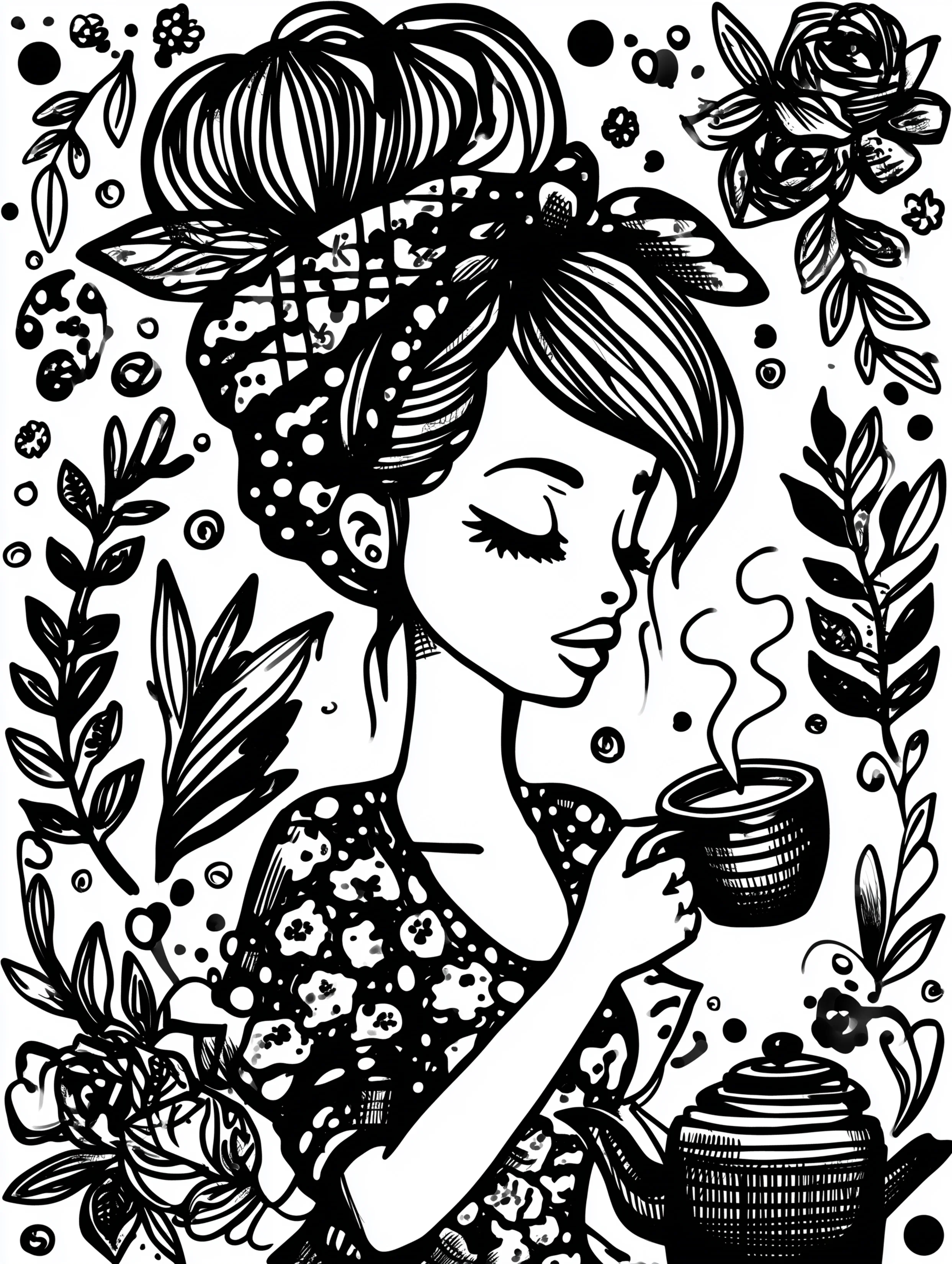 Free printable coloring page for your mom featuring a mom smelling tea